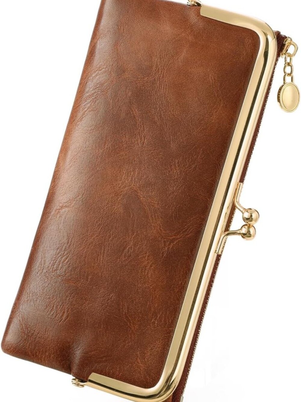 Chic Bifold Leather Wallet for Women - Kiss Lock Design, Stylish Brown Color